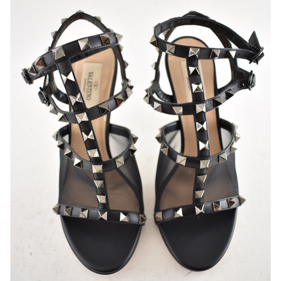 Valentino Rockstud 105 Black Mesh Stud Cage Ankle Strap Sandal Heel Pump 36 - Picture 7 of 11